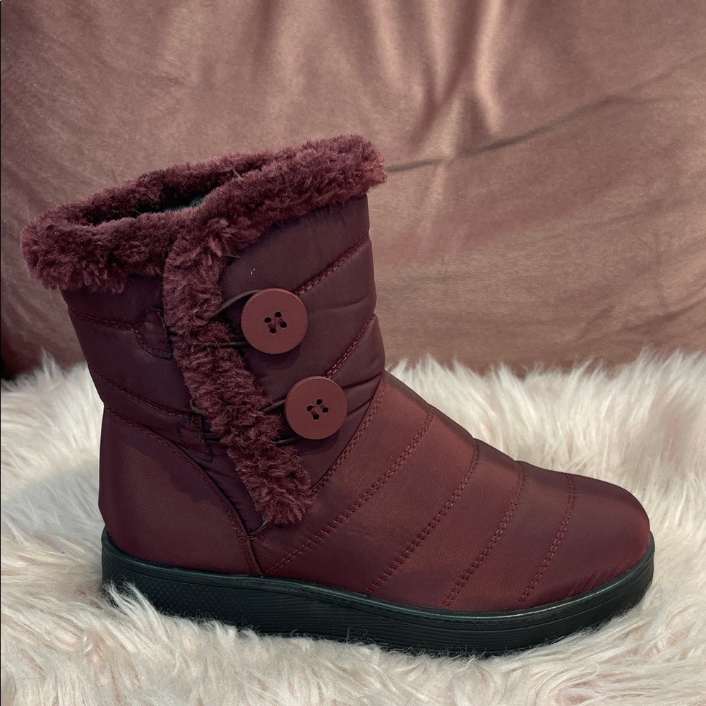 Women's Burgundy Winter Faux-Fur Button Snow Boots